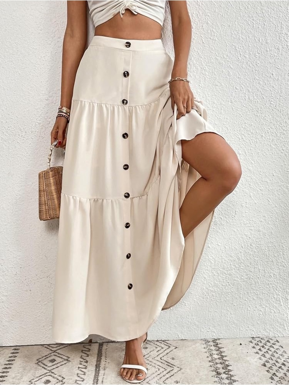 High waisted fake button up beige maxi skirt
